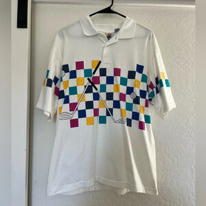 Vintage Men Polo Multicolored White Checkered Golf Graphic Print Medium 90s y2k